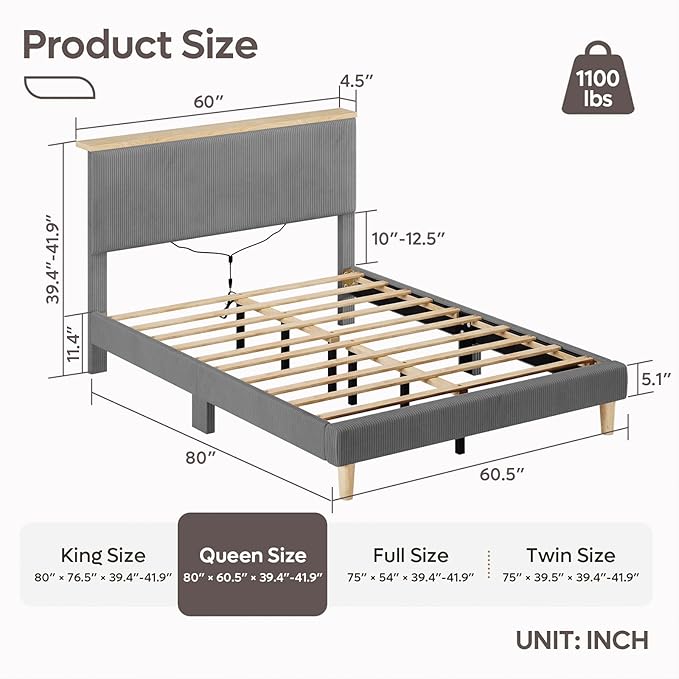 Bestier Queen Bed Frame with Adjustable Headboard & LED Lighting, Corduroy Upholstered Platform Bed Frame with Storage Shelf, Solid Wood Slats, No Box Spring Needed, Never Squeak, Easy Assembly, Grey