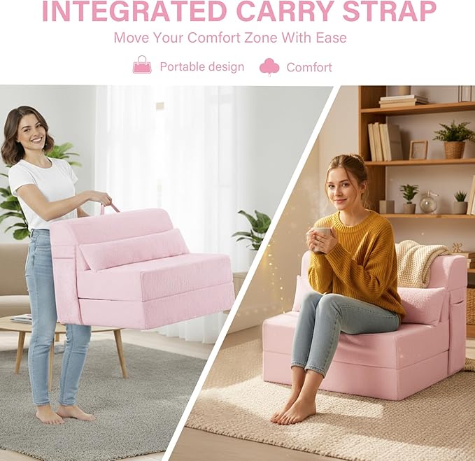 Tiita Convertible Folding Sofa Bed Twin Size for Adults with Pillow, Plush Fabric Floor Mattress Couch Bed, Washable Cover & Side Pocket, Guest Room, Dorm, Apartment, Living Room, Pink