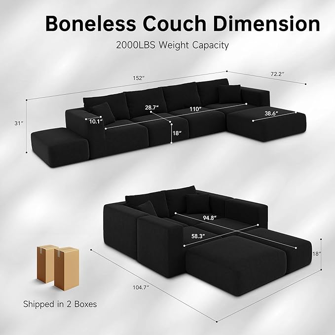 CUGOAO 152'' Oversized 2-in-1 Modular Sectional Sofa Bed, Modern Boneless Couch, Extra Deep Seat Upholstery Cloud Couch, Boneless Couches for Living Room, No Assembly Required, Corduroy Black