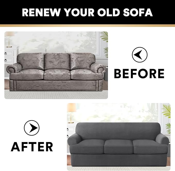 PrinceDeco T Cushion Sofa Slipcover 4 Pieces Sofa Covers for T Cushion Couch Soft Sofa Slip Covers Furniture Protector with 3 Individual T Shape Seat Covers (70"-88") Washable, Grey
