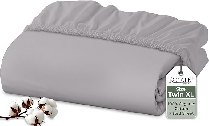 Royale Linens 100% Organic Cotton Fitted Sheet - Percale Weave - Super Soft Deep Pocket Bottom Sheets - Elastic Sheet Twin XL Size - Twin XL Fitted Sheets Only - (39"x80"+15", Silver)
