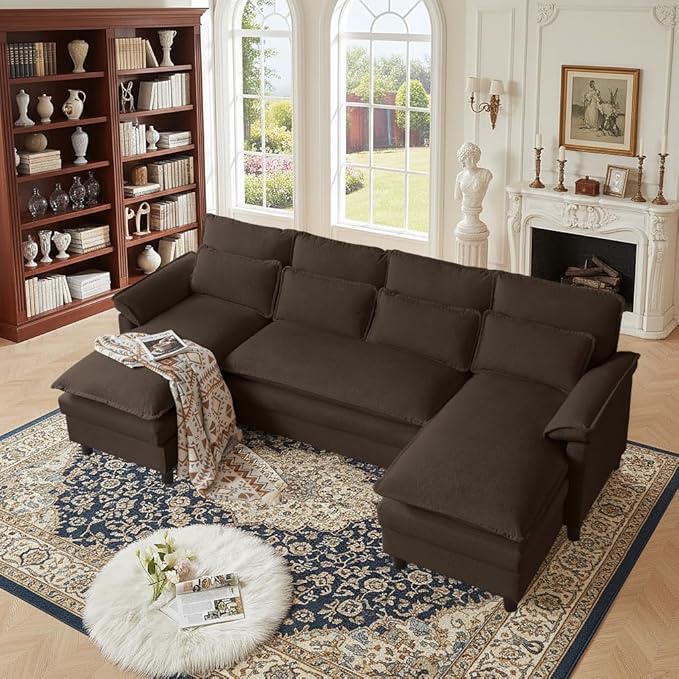 105" Convertible Sectional Sofa, U Shape Cloud Couch, Comfy Couches with Double Chaise and Sleepable Armrests, 4 Seats Sectional Couches for Living Room, Coffee