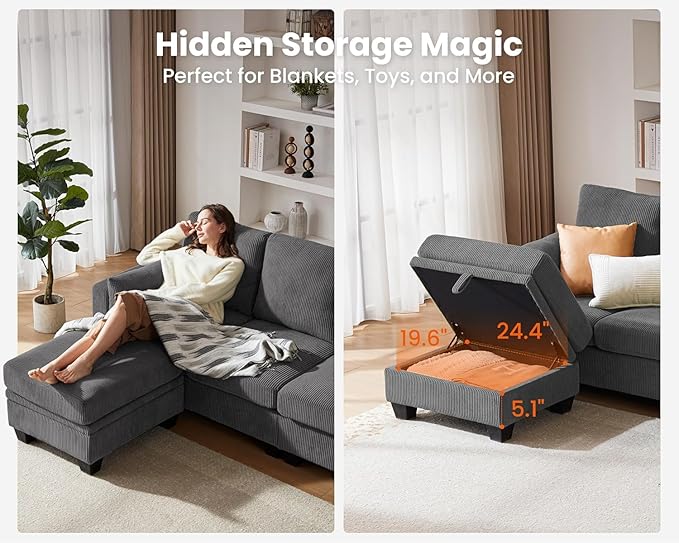 CHIC HOUSE Modular Sectional Sofa with Storage Ottomans, Corduroy Cloud Couch for Small Spaces & Apartments, Reconfigurable L/U Shaped Convertible Corner Sofa (Dark Grey,5 Seater Sectional)