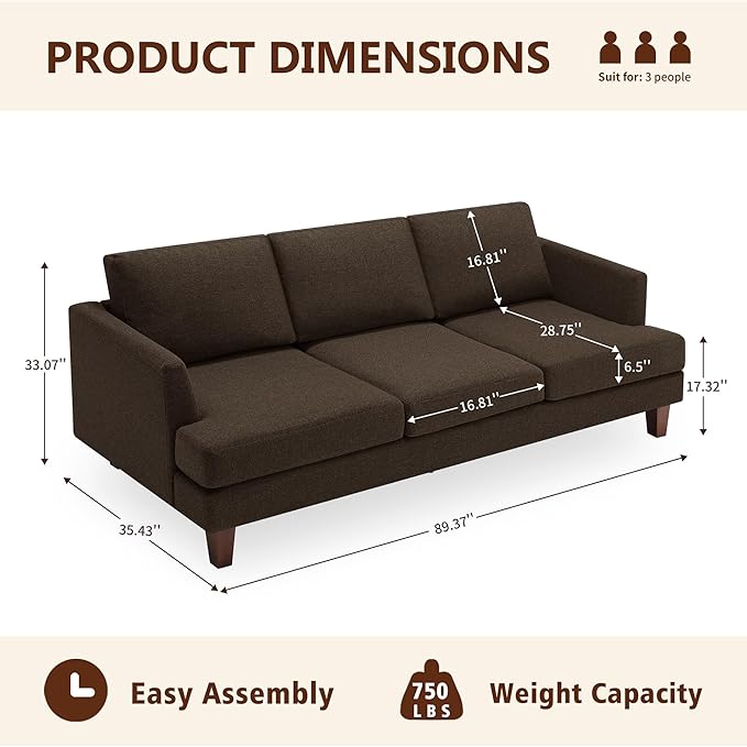 Mid Century Modern Couches for Living Room, 89" Comfy Brown Couch Sofa with 3-Seater Deep Seats, Upholstered Sofas for Living Room, Office Apartment, Bedroom