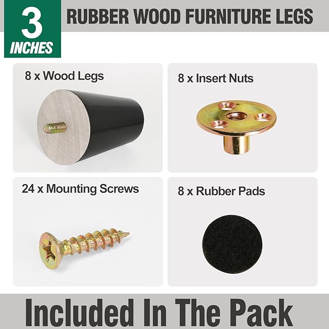 FoDau770 Black Rubber Wood Furniture Legs 3 Inches, Straight Tapered Wood Feet Mid Century Sofa Legs Set of 8, 5/16" UNC Furniture Feet for Cabinet Couch Dresser Chair Ottoman Table