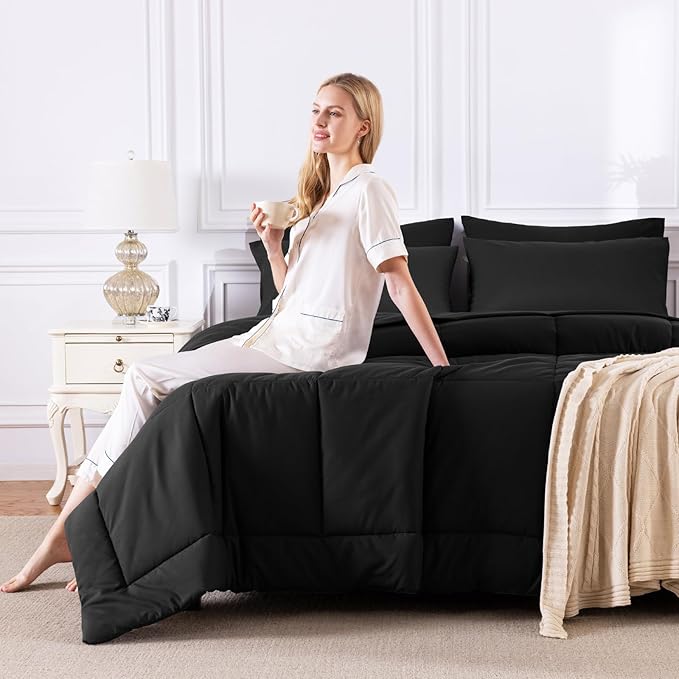 CozyLux California King Comforter Sets Black, 7 Pieces Cal King Bed in a Bag, All Season Bedding Sets with Stitch Quilted Comforter, Flat Sheet, Fitted Sheet, Pillowcases