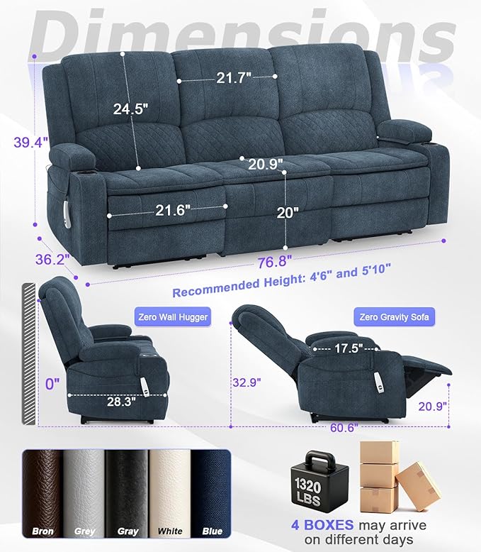 Power Loveseat Recliner Sofa, Removable Armrest 3 Seats Power Reclining Loveseat with Remote Liftable Console, Wall Hugger RV Theater Seating with Storage & USB & RGB (Fabric, Blue)