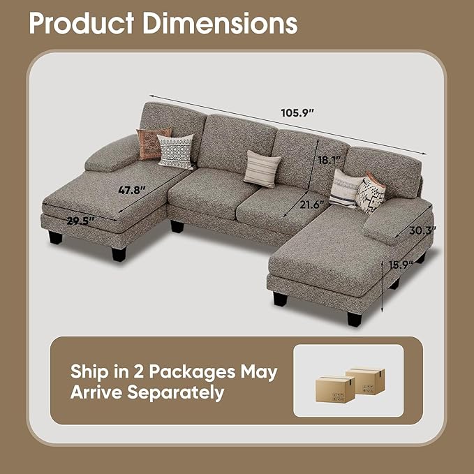 Furmax Sectional Couches for Living Room, U-Shaped Sofa Couch with Linen Fabric, 4 Seat Sofa Set with Double Chaise for Apartment (Loop Yarn, Pearl Gray)