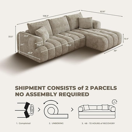 108" Cloud Sectional Couches for Living Room, Boneless L-Shaped Sofa with Pillow 3 Seater Modular Sectional Sofa (Khaki)