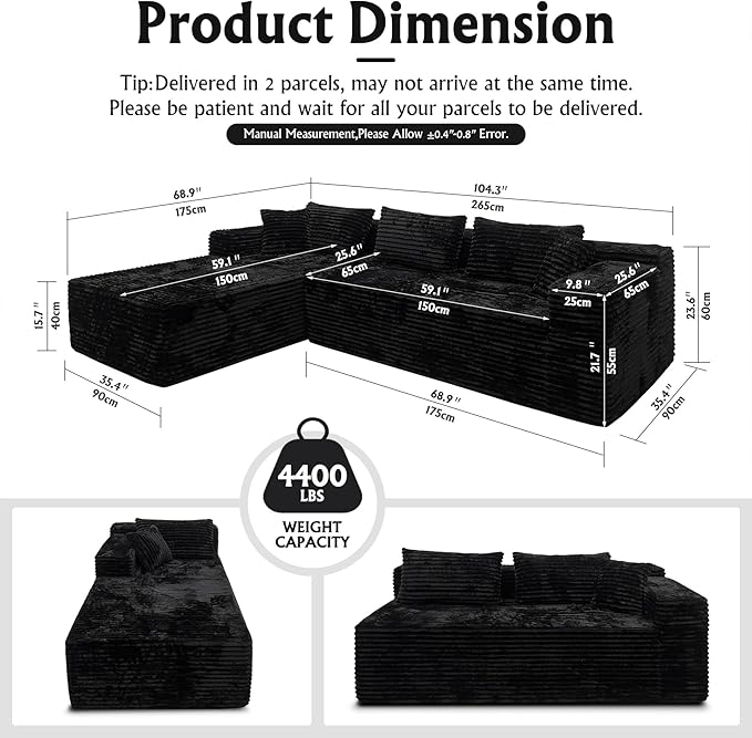 Boneless Modular Sectional Sofa, Cloud Couch with Left Facing Chaise, Oversized Deep Seat, L-Shaped, Soft Corduroy Fabric, Sectional Couch for Living Room -Black