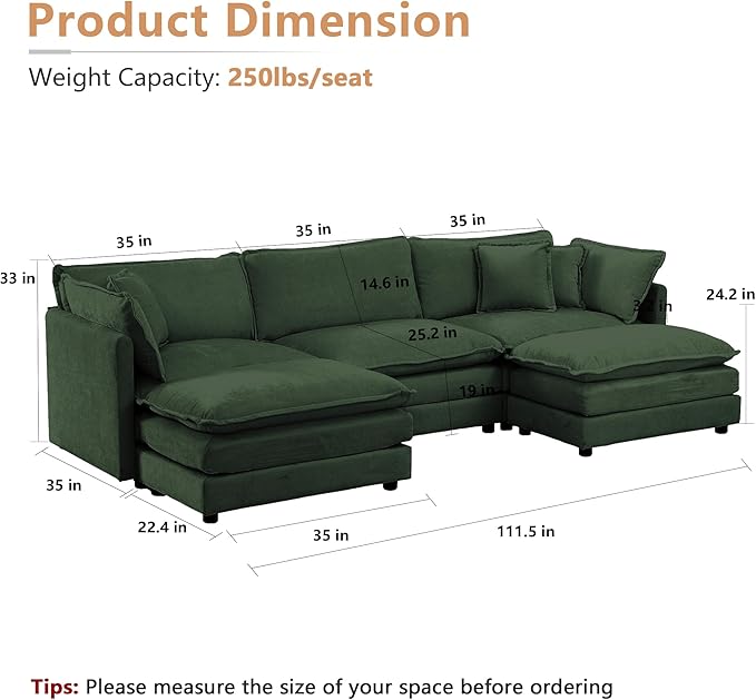 mikibama Modular Sectional Sofa, 111.5 Inch U Shaped Couch Set for Living Room, 3-Seater Comfy Cloud Couches with Movable Ottoman, DIY Combination, Chenille, Evergreen
