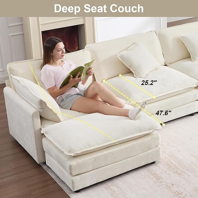 Modular Sectional Sofa with Ottoman: 76.7" Modern L Shaped Sectionals Cloud Couch, Comfy Couch Loveseat, 3 Seat Chenille Deep Seat Sofa with Pillow for Living Room,Bedroom Apartment,Small Spaces-Beige
