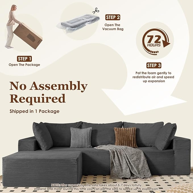 INGEROOM 108" Cloud Sectional Couch with L-Shape Chaise, Modular Sofa Memory Foam, Boneless Sofa with Movable Ottoman, Upholstered Couches for Living Room Bedroom, No Assembly Required, Dark Gray