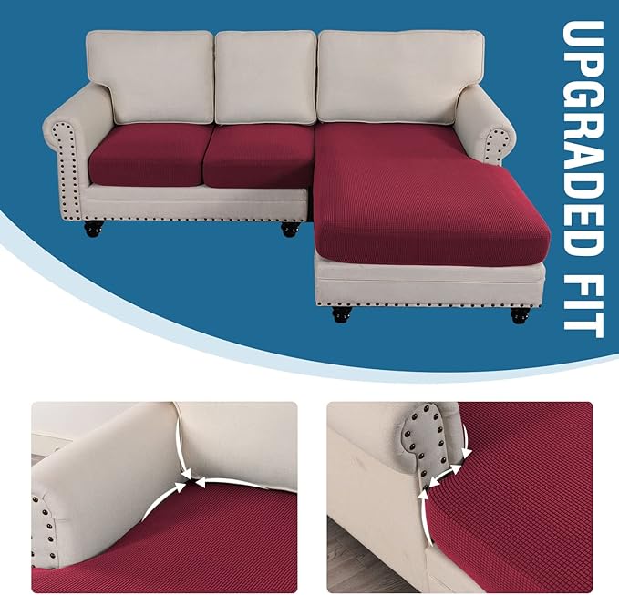 H.VERSAILTEX Sectional Couch Covers 3 Pieces Sofa Seat Cushion Covers L Shape Separate Cushion Couch Chaise Cover for Both Left/Right Sectional Couch (Seat Only: 1 Chaise + 2 Sofa, Burgundy)