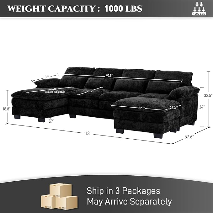 114" Cloud Couch Sectional Modular Sofa U Shaped Sectional Couches for Living Room Comfy 5-Seater Deep Seat Couch Chenille Cloud Sectional Sofa with Movable Ottoman & 4 Pillows, Jet Black