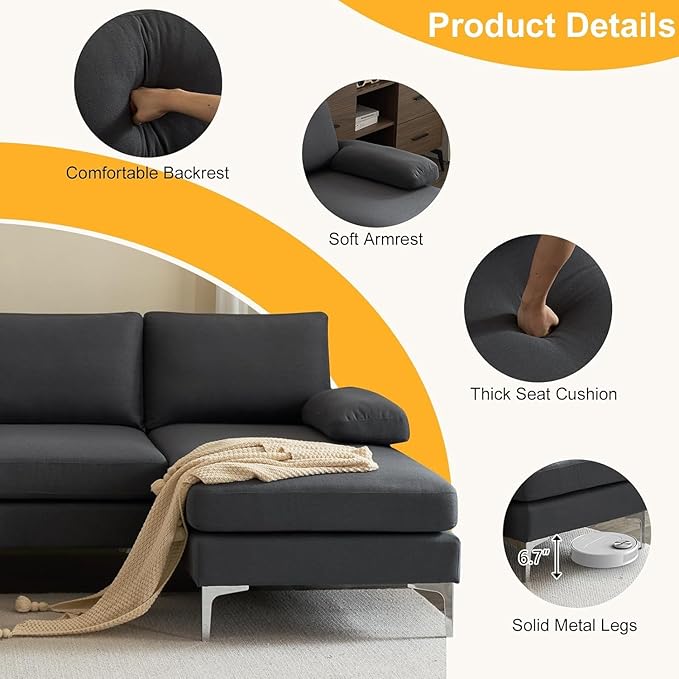 Karl home 110" Sectional Sofa U-Shaped 4-Seat Couch with Chaises Linen Fabric Upholstered for Living Room, Apartment, Office, Dark Gray