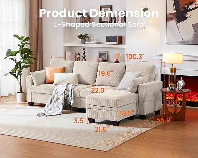 CHIC HOUSE Modular Sectional Sofa with Storage Ottomans, Corduroy Cloud Couch for Small Spaces & Apartments, Reconfigurable L/U Shaped Convertible Corner Sofa, Beige, 5 Seater Sectional