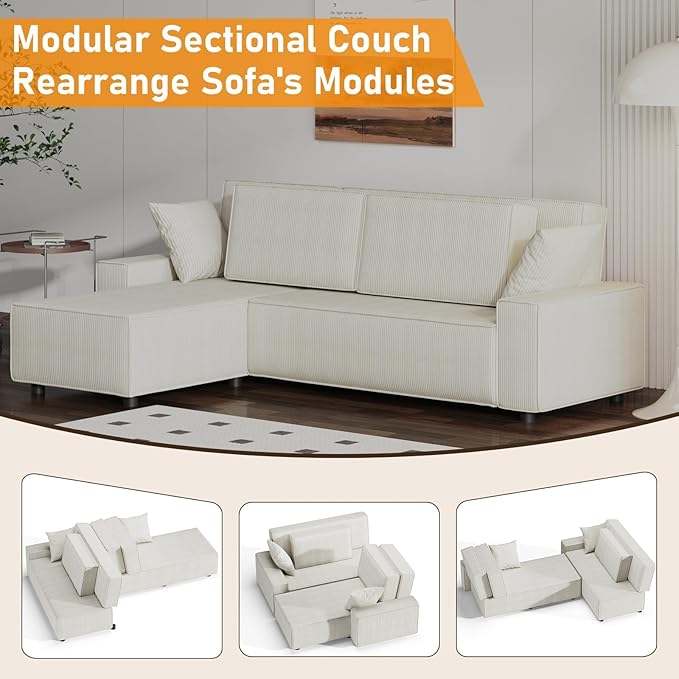 GAOMON Fine Stripe Corduroy Sectional Sofa, l Shaped Modern Corduroy Couch, Comfy Sofa Couch with Deep Chaise for Living Room, Apartment, Hotel, 96" w*61" d*32" h, Beige