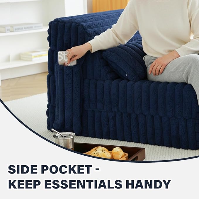 Tiita Folding Sofa Bed Single Size, Convertible Sleeper Chair Mattress with Pillow, Thick Corduroy Floor Mattress Couch Bed with Side Pocket, Guest Room, Dorm, Apartment, Navy