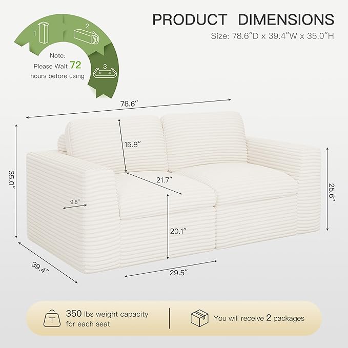 Boneless Loveseat Sofa Plush Corduroy Sectional Couch with Deep Seat Modular Cloud Sectional Couches for Living Room.Biege Sofa.
