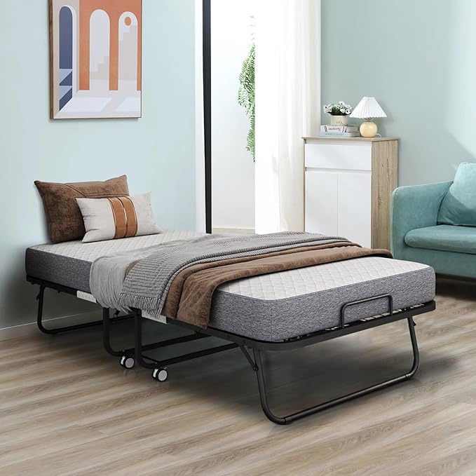 Espsilto Folding Bed with Mattress for Adults, 75x31 Cot Size Portable Foldable Roll Away Beds for Guest with Memory Foam Mattress, Space Saving Fold Up Bed