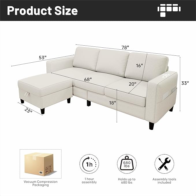 Sectional Sofa and Couches for Living Room - 78''L Shaped Beige Linen Couch-Pet Friendly Modular 3-Seater Convertible Sofas-Washable Covers-Suitable for The Living Room, Apartment or Bedroom