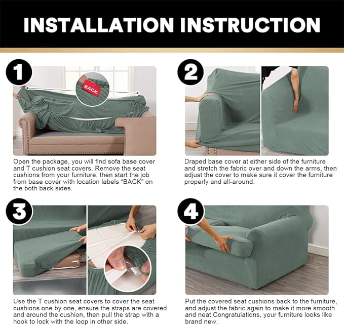 PrinceDeco T Cushion Sofa Slipcover 3 Pieces Sofa Covers for T Cushion Couch Soft Couch Covers Sofa Slip Cover Furniture Covers with 2 Individual T Shape Seat Covers Width Up to 88", Sage