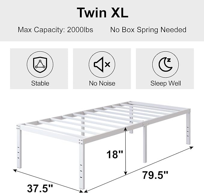 DiaOutro 18 Inch Twin XL Bed Frame Heavy Duty No Box Spring Needed Metal Platform with Maximum Storage, Easy to Assembly, Noise Free, White