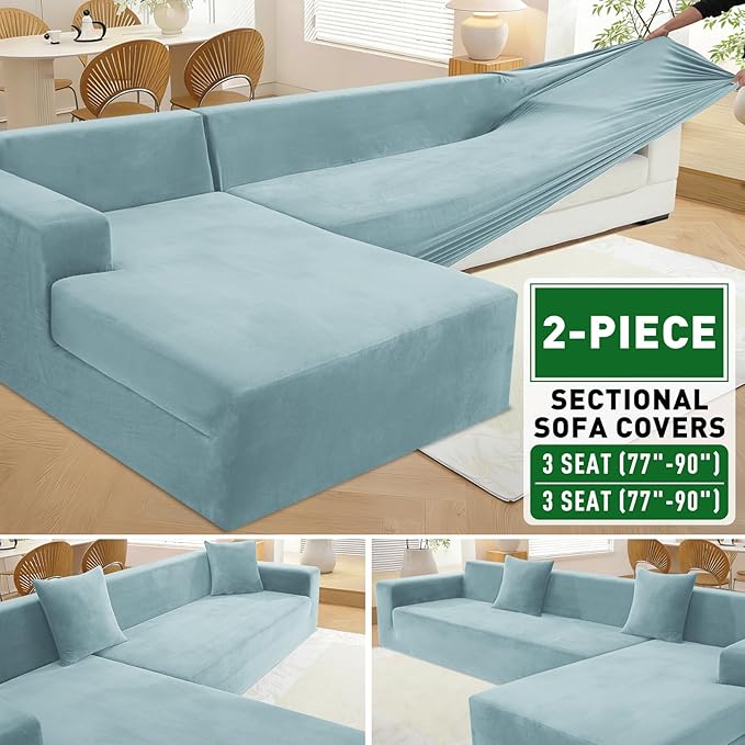 ZNSAYOTX 2026 Soft Velvet Sectional Couch Covers, Luxury Plush Slipcovers with Elastic Bottom for L Shape Sectional Sofa, 2 Pcs Pet Friendly Protector (3 Seat Couch + 3 Seat Chaise, Stone Blue)