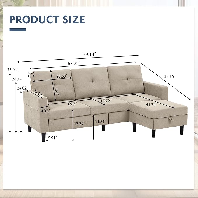 79" Convertible Sectional Sofa, Small L Shaped 3 Seat Couch with Storage Chaise and Side Pocket, Modern Linen Fabric Reversible Sofa Couches for Living Room, Apartment and Small Space