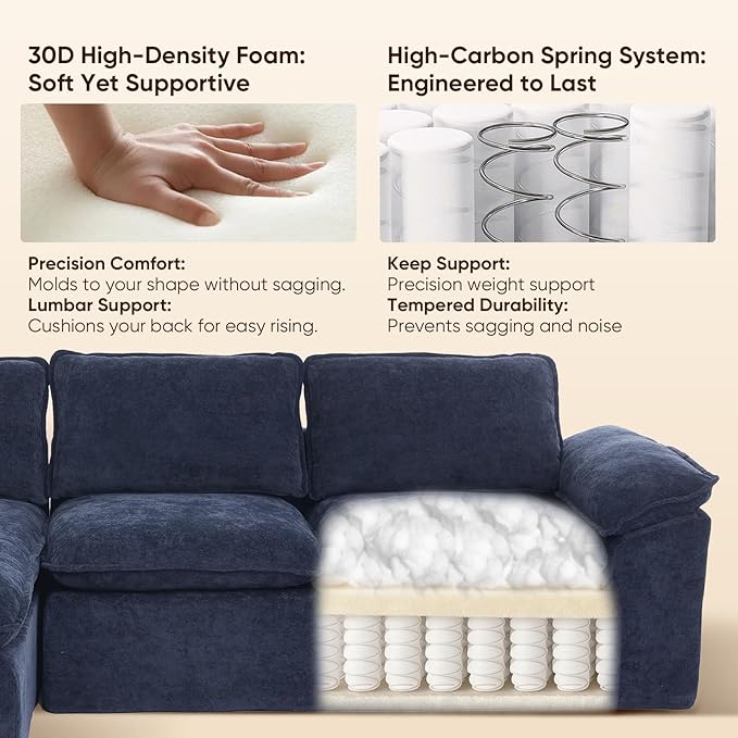 105.6”L Shape Modular Sectional Couch for Living Room, Modern Cloud Sectional 3 Seat Sofa with Oversized Chaise, Woven Texture Upholstery Boneless Couch (Blue, Left Facing Chaise)