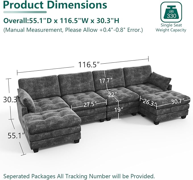 Modular Sectional U Shaped Sofa Couches for Living Room, Cloud Couch with Movable Ottoman, Comfy Chenille Sofa with Pillow for Bedroom and Apartment,Dark Gray-Tufted