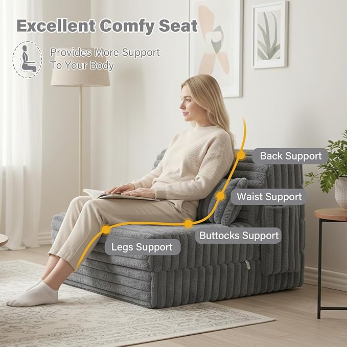 Tiita Folding Sofa Bed Single Size, Convertible Sleeper Chair Mattress with Pillow, Thick Corduroy Floor Mattress Couch Bed with Side Pocket, Guest Room, Dorm, Apartment, Grey