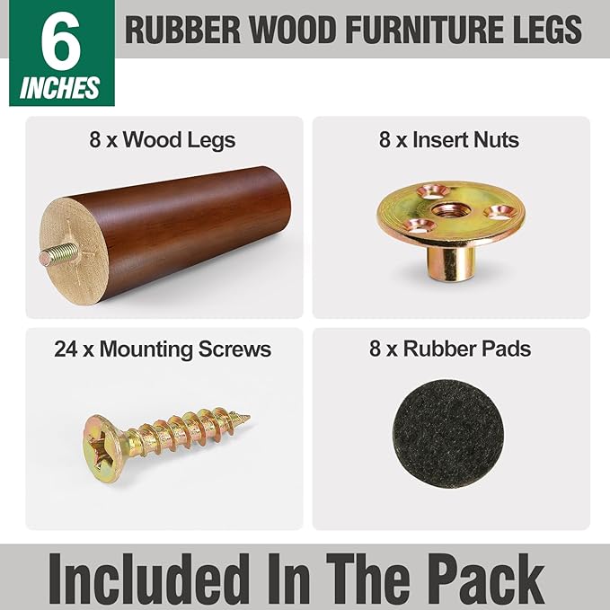 FoDau770 Brown Rubber Wood Furniture Legs 6 Inches, Straight Tapered Wood Feet Mid Century Sofa Legs Set of 8, 5/16" UNC Furniture Feet for Cabinet Couch Dresser Chair Ottoman Table