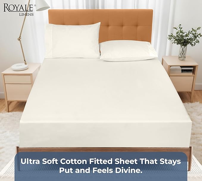 Royale Linens 100% Organic Cotton Fitted Sheet - Percale Weave - Super Soft Deep Pocket Bottom Sheets - Ivory Elastic Sheet Full Size - Full Fitted Sheets Only - (54"x75"+15", Ivory)