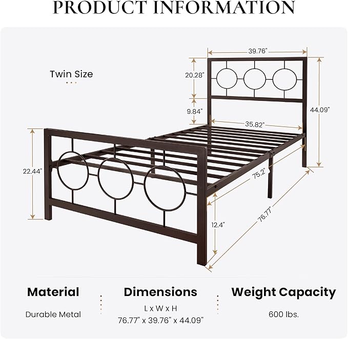 SHA CERLIN Twin Metal Bed Frame with Vintage Circular Design Headboard and Footboard, No Box Spring Required, Easy Assembly, Noise-Free,Brown