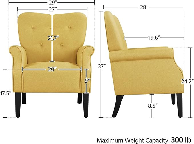 Yaheetech Modern Armchair, Mid Century Accent Chair with Sturdy Wood Legs and High Back for Small Space, Upholstered Fabric Sofa Club Chair for Living Room/Bedroom/Office, Set of 2, Yellow