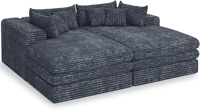 Belffin Double Chaise Lounge Sofa Bed Plush Corduroy Boneless Sectional Cloud Couches for Living Room Boneless Cloud Couch with Deep Seat No Assembly Required. Grey Sofa