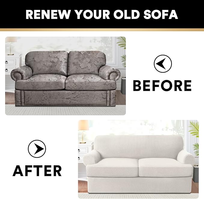 PrinceDeco T Cushion Loveseat Slipcover 3 Pieces Sofa Covers for T Cushion Sofa Stretch Slip Covers for 2 Cushion Couch with 2 Individual T Shape Seat Covers Width Up to 76"- Washable, Ivory