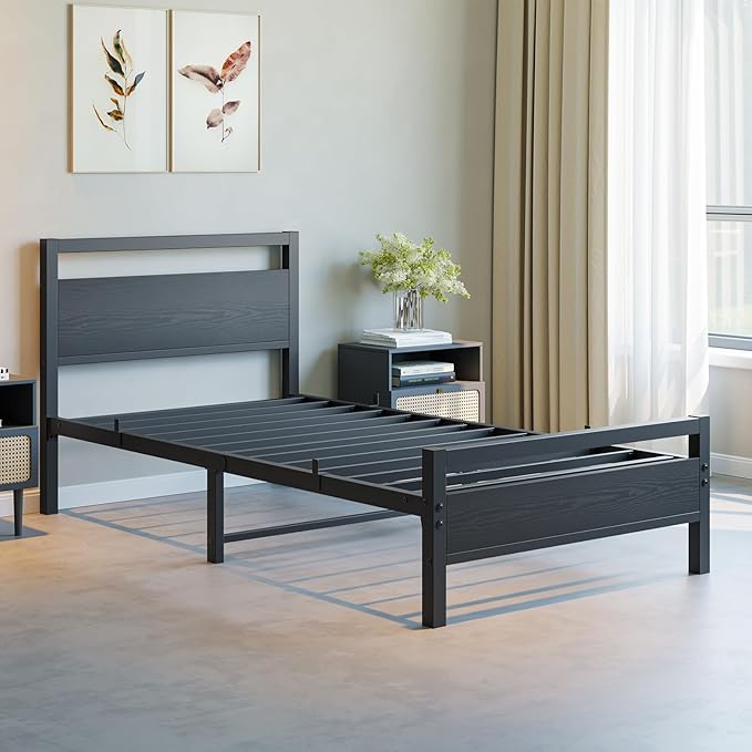 BOFENG Black Twin Bed Frame with Wood Headboard,Metal Single Platform Bed Frame Twin Size No Box Spring Needed,Heavy Duty Metal Slats Support,Noise Free,Single Bed Base,Easy Assembly