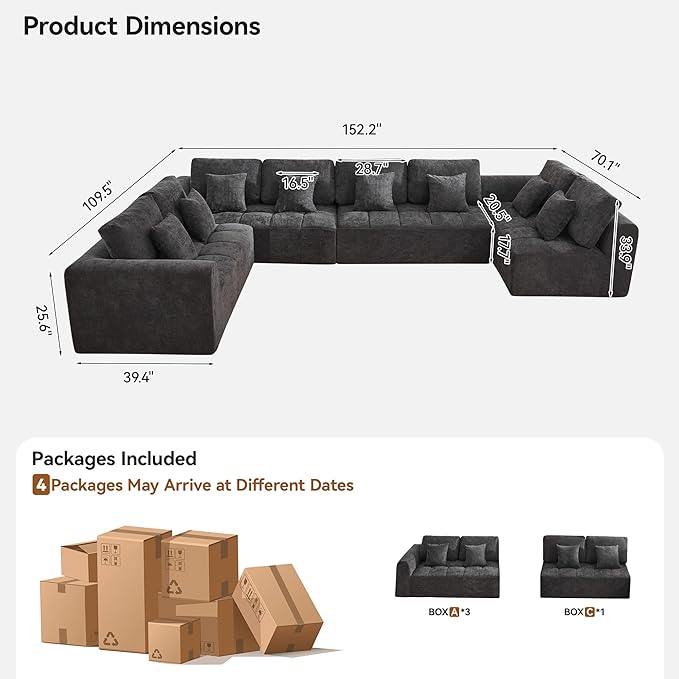 170''Modular Sectional Couches for Living Room, Cloud Boneless Compressed Sectional Sofa, Oversized U Shaped 8 Seater Upholstered Memory Foam Sofa, No Assembly, Chenille Grey