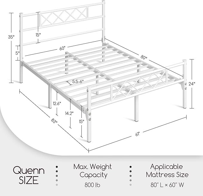Yaheetech Queen Metal Platform Bed Frame Mattress Foundation with Headboard and Footboard No Box Spring Needed Under Bed Storage Steel Slats,White