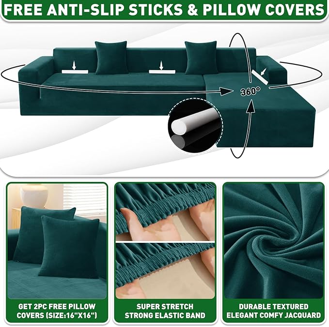 ZNSAYOTX 2026 Soft Velvet Sectional Couch Covers, Luxury Plush Slipcovers with Elastic Bottom for L Shape Sectional Sofa, 2 Pcs Pet Friendly Protector (3 Seat Couch + 2 Seat Chaise, Deep Teal)