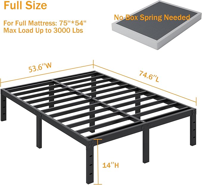SHLAND Full Size Bed Frame, 14 Inch Heavy Duty Metal Platform Bed Frame No Box Spring Needed, Storage Space, No Noise, Easy Assembly