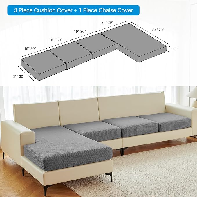Deep Dream Stretch 4 Pieces Couch Cushion Covers for Sectional Sofa Left/Right L Shape Chaise Lounge Sofa Seat Slipcover Anti-Slip Sofa Cover (3 Seater + 1 Chaise, Dark Grey)