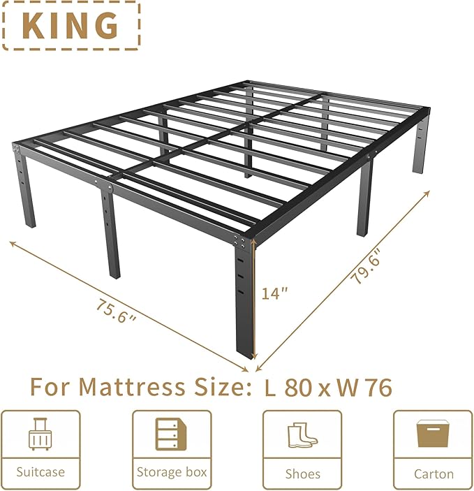 HOBINCHE 14 Inch Metal King Size Bed Frame No Box Spring Needed - Easy Assembly Heavy Duty Noise Free Narrow Bedframes - Double Black Basic Steel Slats Platform with Storage