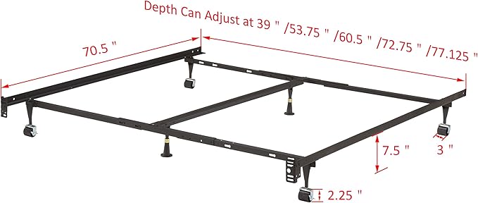 Heavy Duty 6-Leg Adjustable Universal Twin/Full/Queen/King Metal Bed Frame with Double Center Support Rug Rollers & Locking Wheels