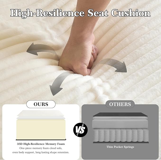 Modular Sectional Sofa with Movable Handrails, Straight-Row Boneless Sofa Sectional Couch for Living Room, Deep Seat Memory Foam Faux Rabbit Fur Fabric Sofa, No Assembly Required (White)