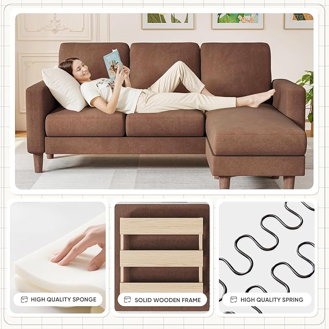 Homall Convertible Sectional Sofa 3 Seat L Shaped Couch with Side Storage Pocket, Sofas with Movable Ottoman, Small Linen Couches for Living Room & Apartment (Linen Fabric, Brown)