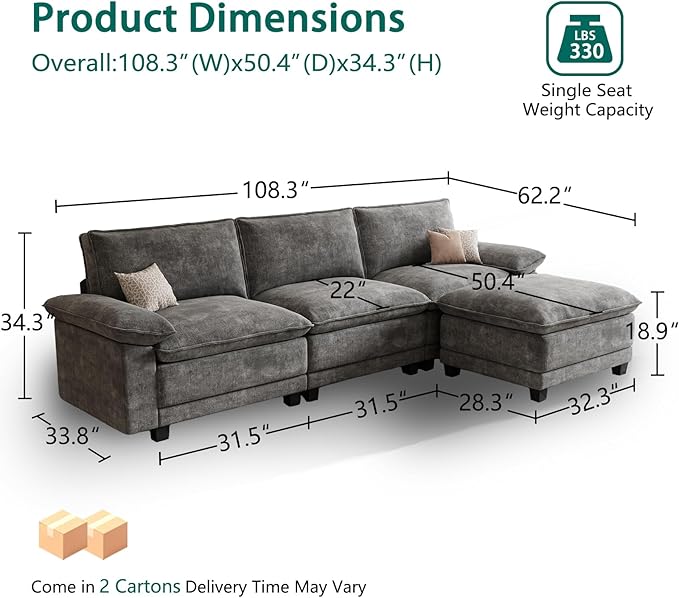 Modern L Shaped Sofa Couches for Living Room, Modular Sectional Cloud Couch with Movable Ottoman, Comfy Chenille Sofa for Apartment and Small Space, Dark Gray